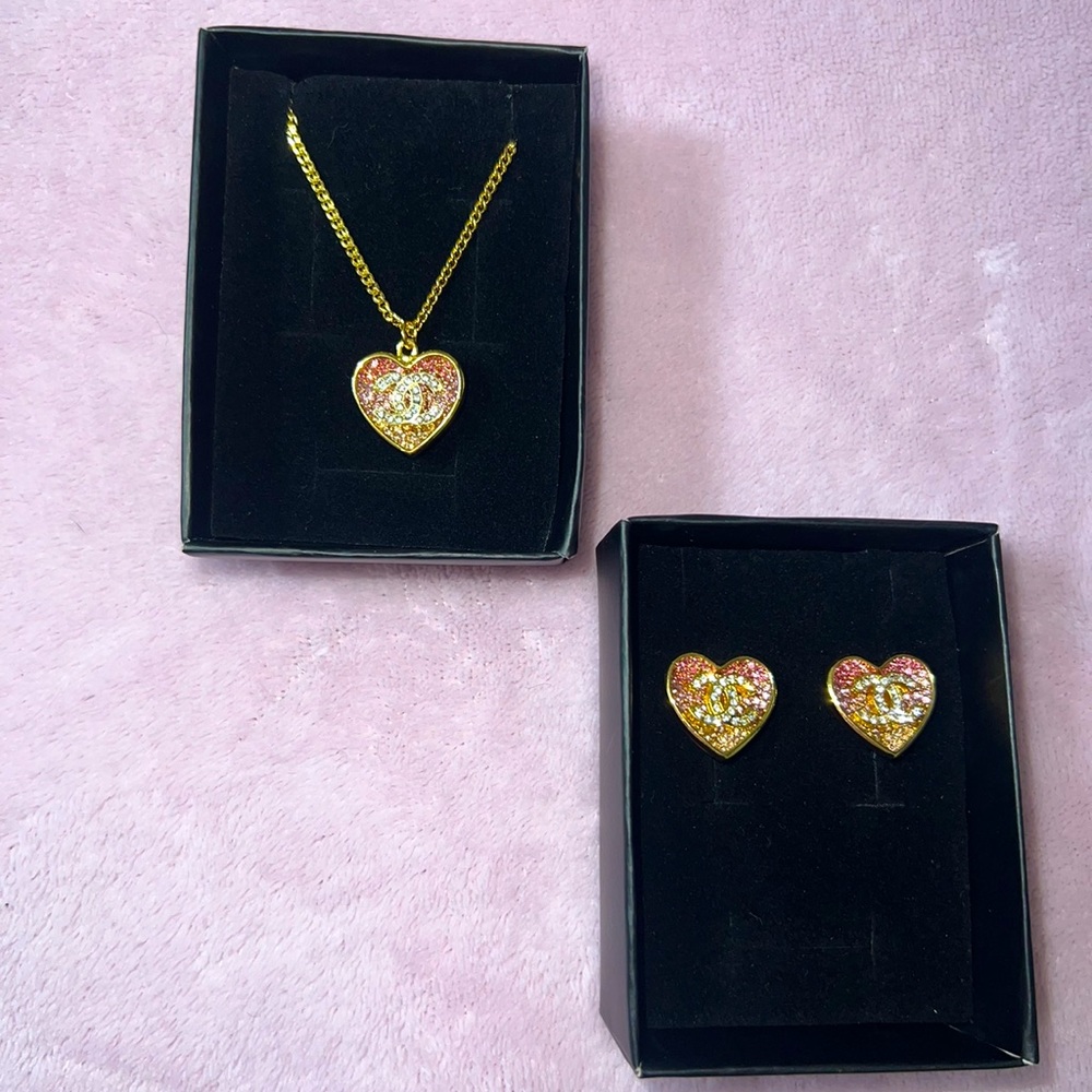 Vintage CC heart Necklace & Earring Set
